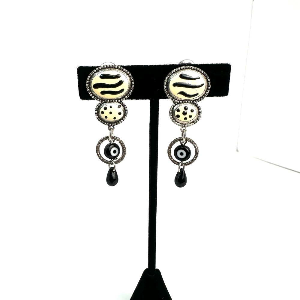 VTG Evil Eye Tiered Enamel Drop Clip On Earrings Women OS Black Cream Silver 80s